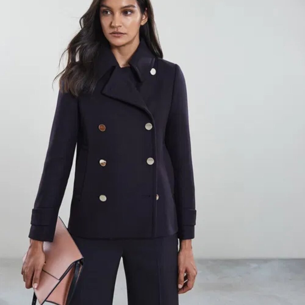 Reiss Becall Button Detail Pea Coat Wool Size 4 Navy Blue Gold Buttons